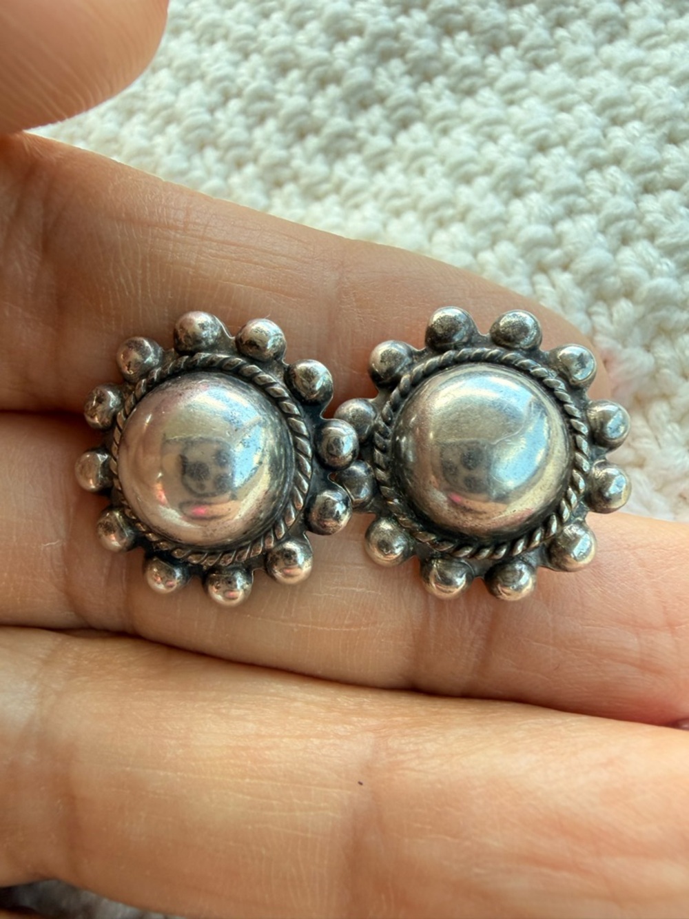 Sterling Silver Marked Vintage Old Sunburst Ball Earrings